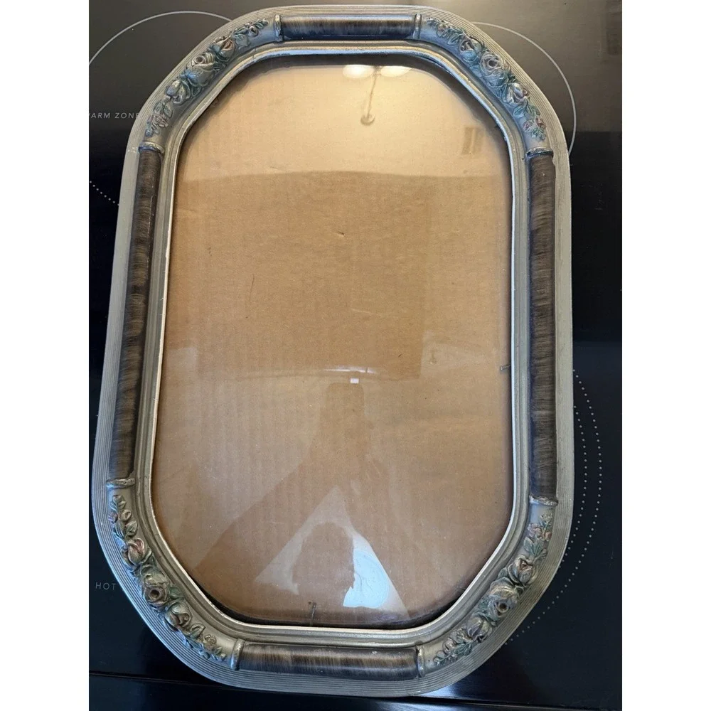 Antique Victorian Octagon Oval Wood  Convex Bubble Glass Picture Frame